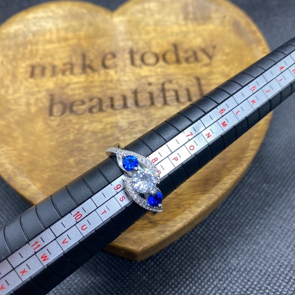 Size 8.5 Sterling Silver Ring beautiful blue stone and CZ - Picture 2 of 2